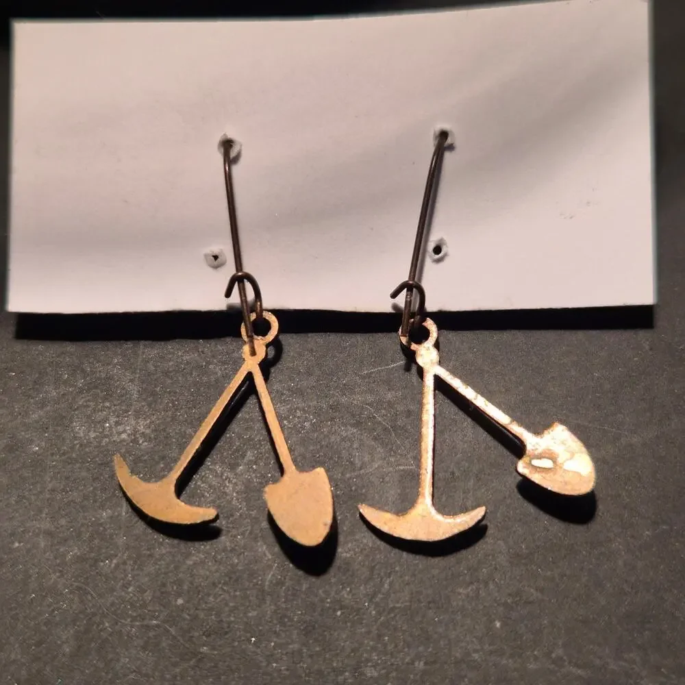 Vintage Alaskan Gold‎ Nugget Pick and Shovel Dangle Earrings Brass Bronze